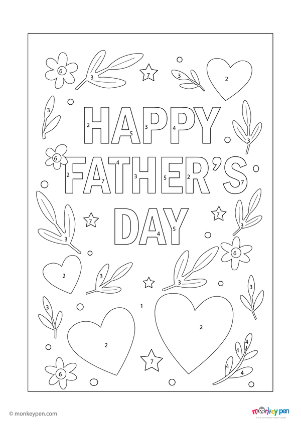 Downloadable color-by-number worksheet of a Happy Father’s Day card, with numbered areas for text, decorations, and background.