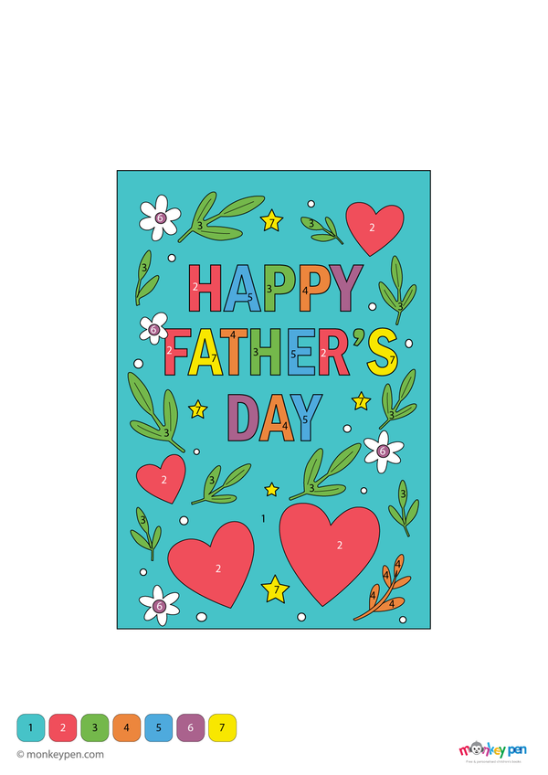 Downloadable color-by-number worksheet of a Happy Father’s Day card, with numbered areas for text, decorations, and background.
