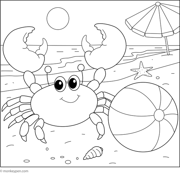 Crab with a Beach Ball coloring page – free printable for kids to color and enjoy