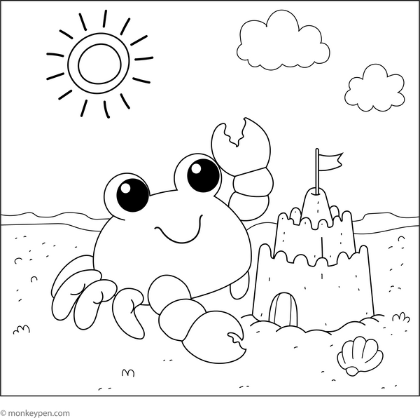 Crab and a Sandcastle coloring page – free printable for kids to color and enjoy