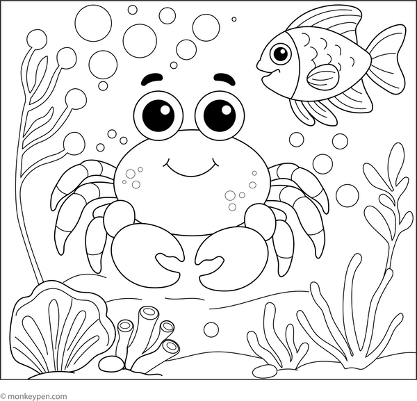 Crab and a Fish coloring page – free printable for kids to color and enjoy
