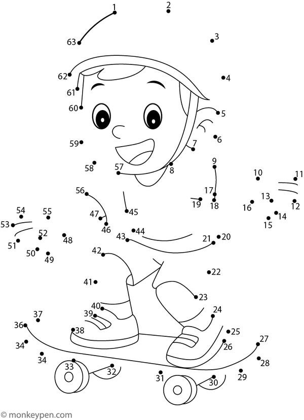 Dot-to-dot worksheet of a boy riding a skateboard for children to connect and color