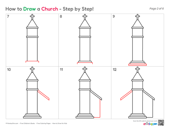 Simple church line art for coloring fun.