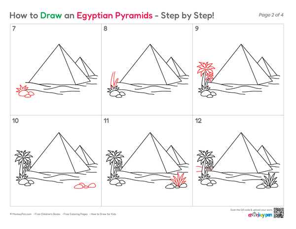 Beginner-friendly Egyptian pyramids drawing for children.