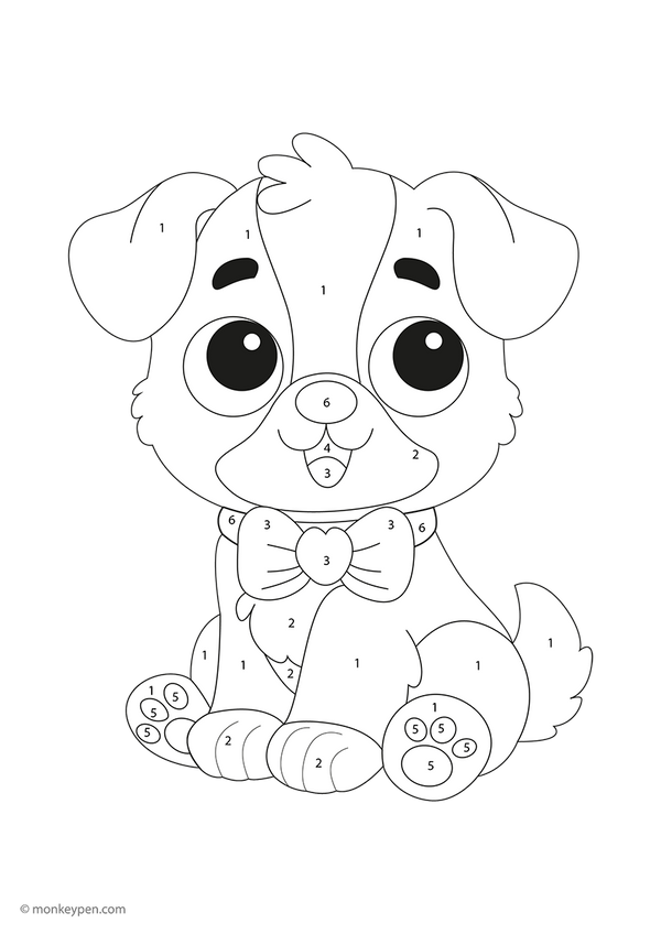 Downloadable puppy color-by-number worksheet showing a playful pup with numbered sections on its fur, ears, and paws—this free printable helps children practice number matching and enjoy creative pet-themed coloring fun.