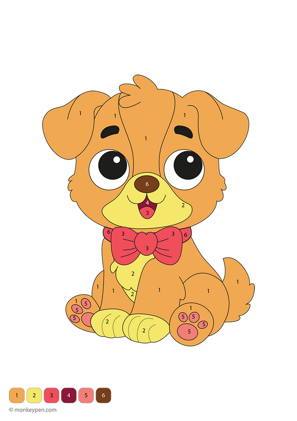 Downloadable puppy color-by-number worksheet showing a playful pup with numbered sections on its fur, ears, and paws—this free printable helps children practice number matching and enjoy creative pet-themed coloring fun.