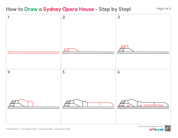 Learn how to draw the Sydney Opera House with overlapping sail-shaped roofs.