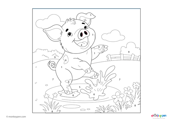 Downloadable color-by-number worksheet of a pig happily splashing in a mud puddle, with numbered areas for pig, mud, and farm background.