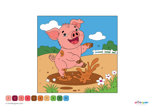 Downloadable color-by-number worksheet of a pig happily splashing in a mud puddle, with numbered areas for pig, mud, and farm background.