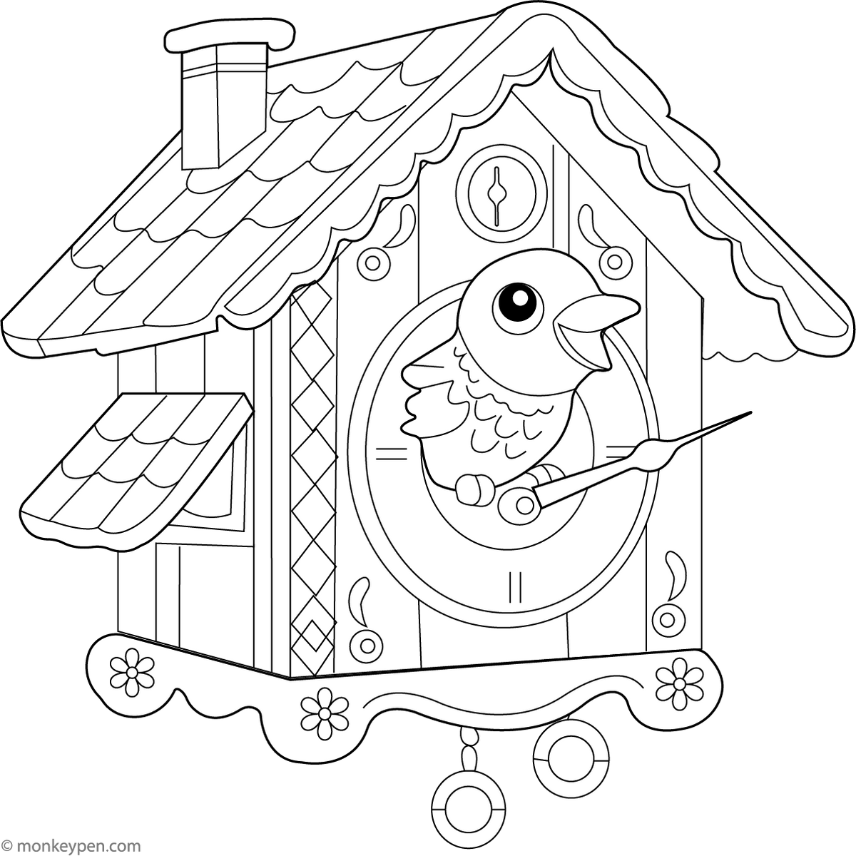 Cuckoo clock with moving parts and a small bird that comes out to sing its song every hour loudly.