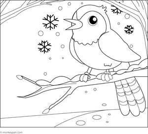 Cuckoo on a Snowy Day coloring page – free printable for kids to color and enjoy