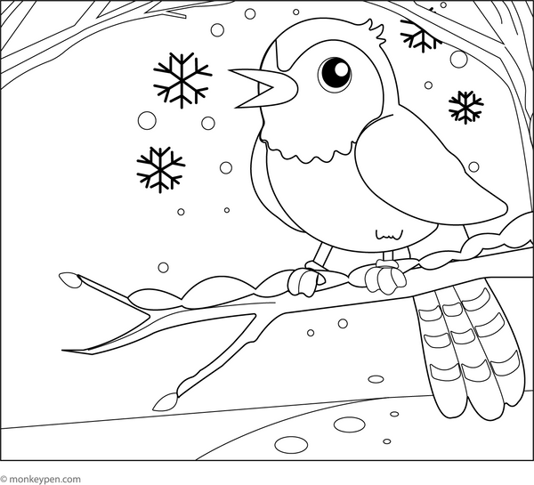 Cuckoo on a Snowy Day coloring page – free printable for kids to color and enjoy