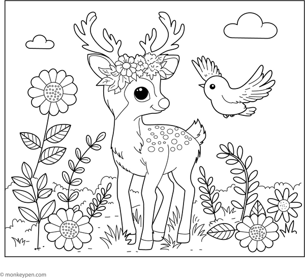 Deer and a Bird coloring page – free printable for kids to color and enjoy