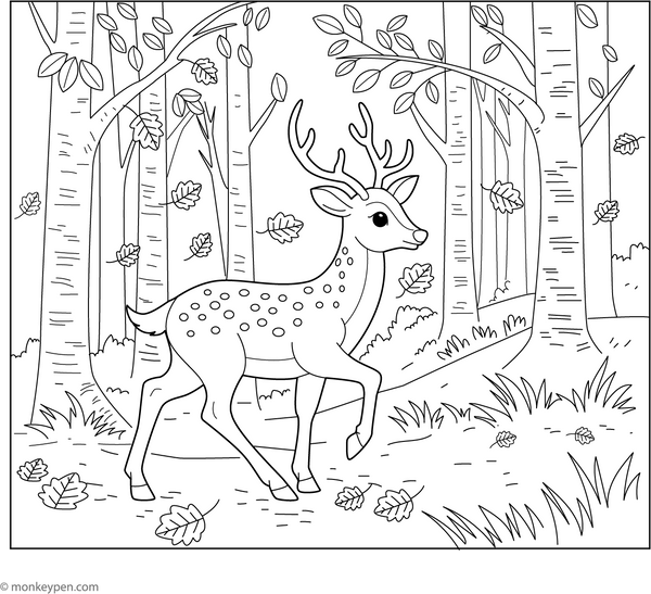 Deer in an Autumn Forest/Magical Forest coloring page – free printable for kids to color and enjoy