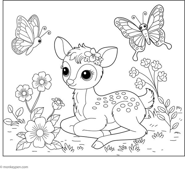 Fawn with Butterfly Friends coloring page – free printable for kids to color and enjoy