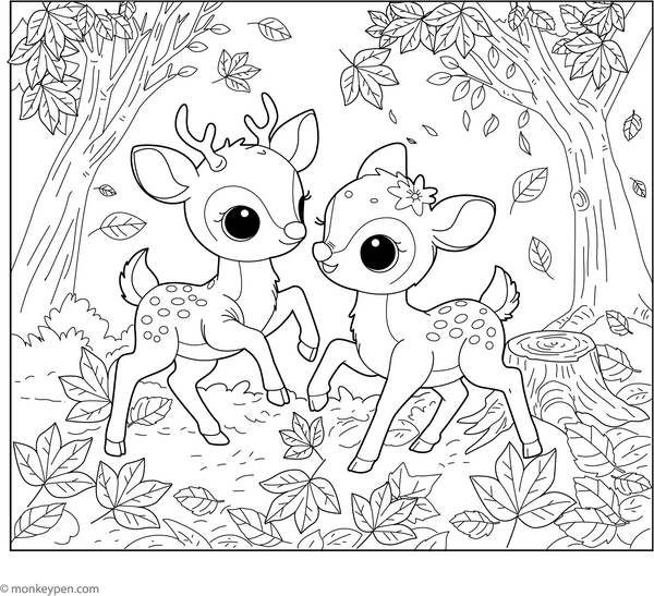 Deer Playing in Autumn Leaves coloring page – free printable for kids to color and enjoy