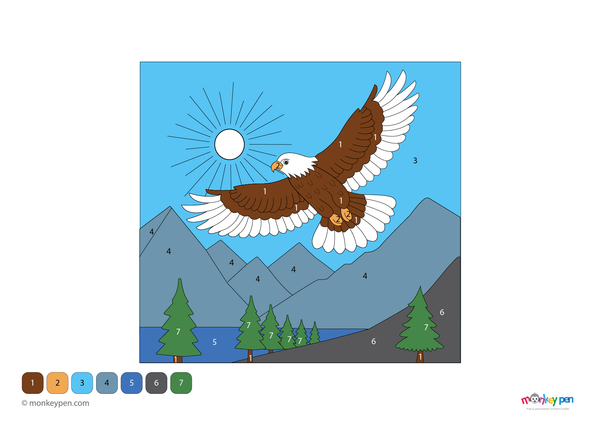 Downloadable color-by-number worksheet of a hawk soaring with wings extended, with numbered areas for feathers, beak, and sky background.