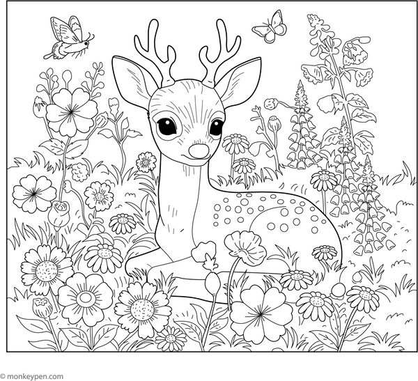 Deer Amongst the Wildflowers coloring page – free printable for kids to color and enjoy