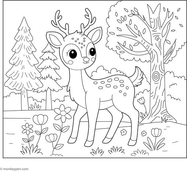 Deer in a Forest coloring page – free printable for kids to color and enjoy