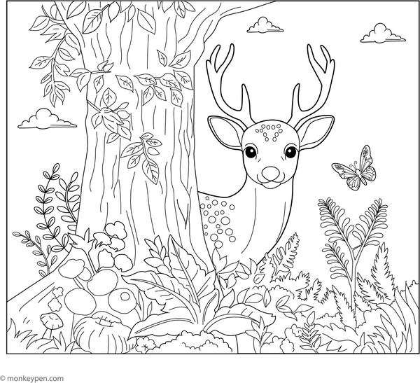 Deer Peeking from Behind a Tree coloring page – free printable for kids to color and enjoy