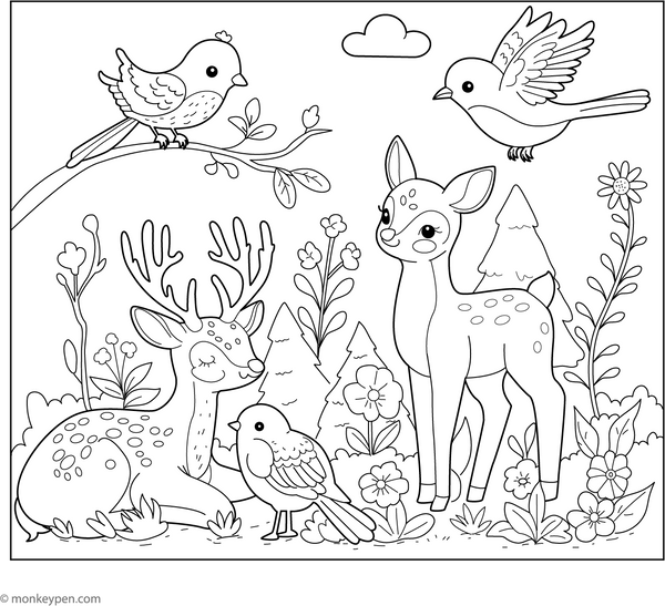 Deer and Bird Friends coloring page – free printable for kids to color and enjoy