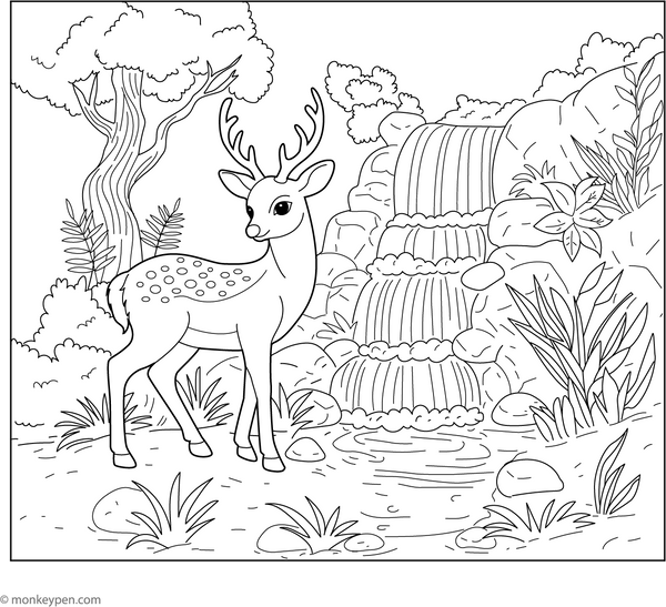 Deer by a Waterfall coloring page – free printable for kids to color and enjoy