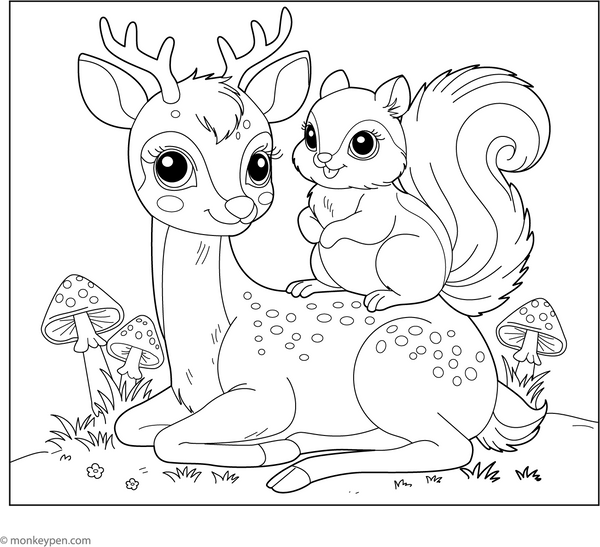 Deer and a Squirrel coloring page – free printable for kids to color and enjoy