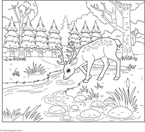 Deer by a Stream coloring page – free printable for kids to color and enjoy