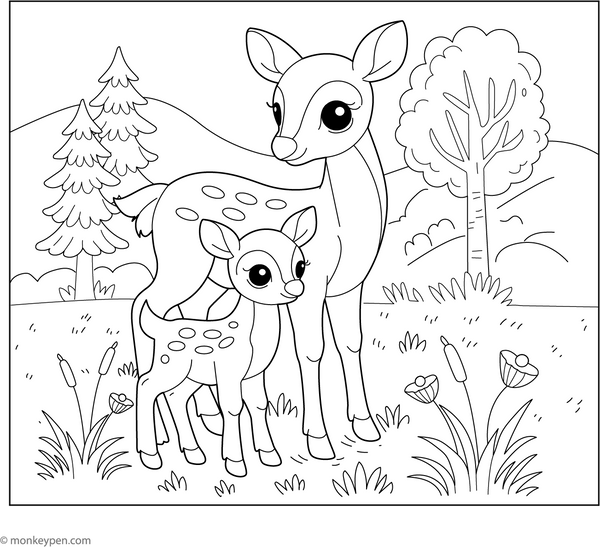Mama Deer and Baby coloring page – free printable for kids to color and enjoy