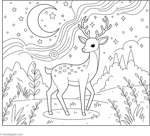 Deer Under a Starry Sky coloring page – free printable for kids to color and enjoy