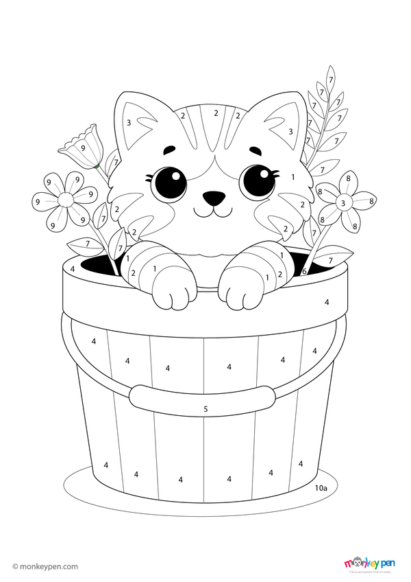 Downloadable color-by-number worksheet of a kitten sitting inside a flower pot, with numbered areas for fur, flowers, and pot details.