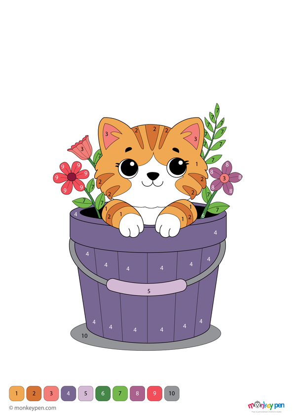 Downloadable color-by-number worksheet of a kitten sitting inside a flower pot, with numbered areas for fur, flowers, and pot details.