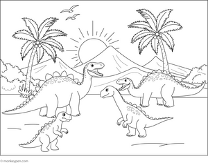 Dinosaur Family at Play coloring page – free printable for kids to color and enjoy