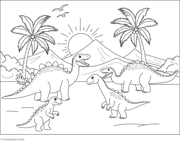 Dinosaur Family at Play coloring page – free printable for kids to color and enjoy