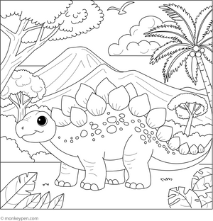 Stegosaurus in a Jungle coloring page – free printable for kids to color and enjoy