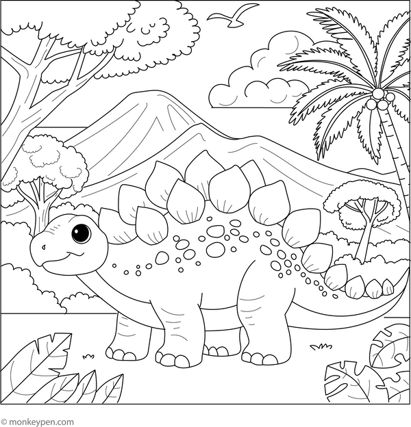 Stegosaurus in a Jungle coloring page – free printable for kids to color and enjoy