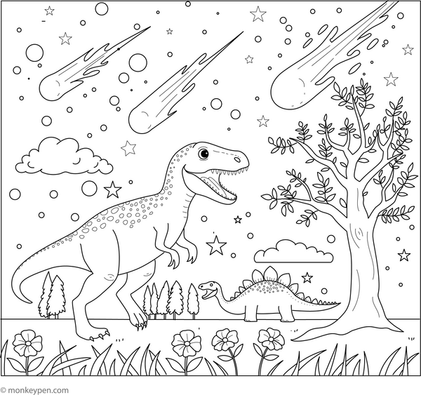 Dinosaurs and Meteor Showers coloring page – free printable for kids to color and enjoy