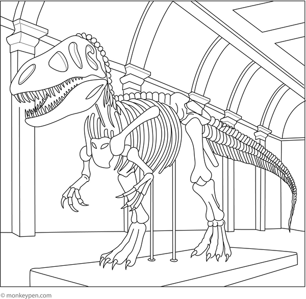 Dinosaur Skeleton in a Museum coloring page – free printable for kids to color and enjoy