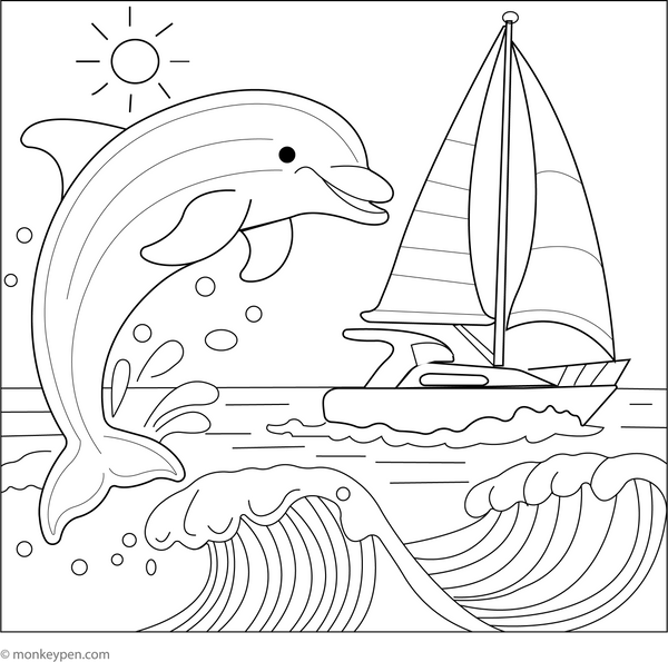 Dolphin and Sailboat coloring page – free printable for kids to color and enjoy