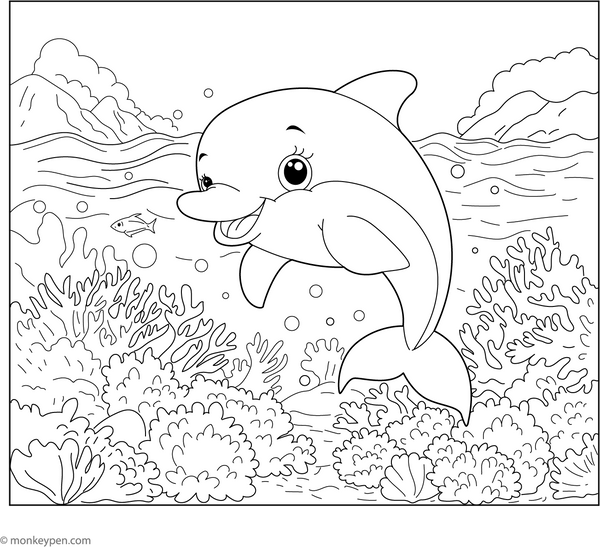 Cartoon Dolphin with Big Smile coloring page – free printable for kids to color and enjoy