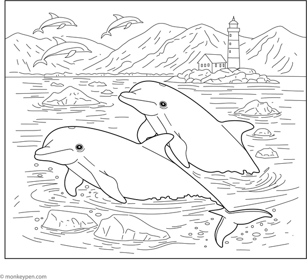 Dolphins and a Lighthouse coloring page – free printable for kids to color and enjoy