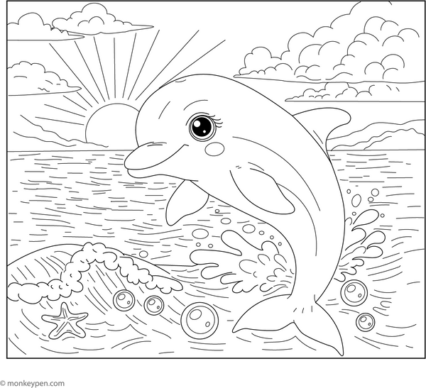 Dolphin at Sunset coloring page – free printable for kids to color and enjoy