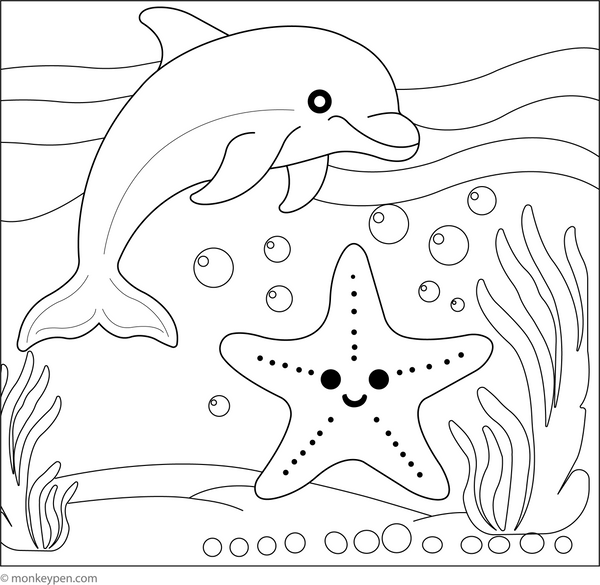 Dolphin and Starfish coloring page – free printable for kids to color and enjoy