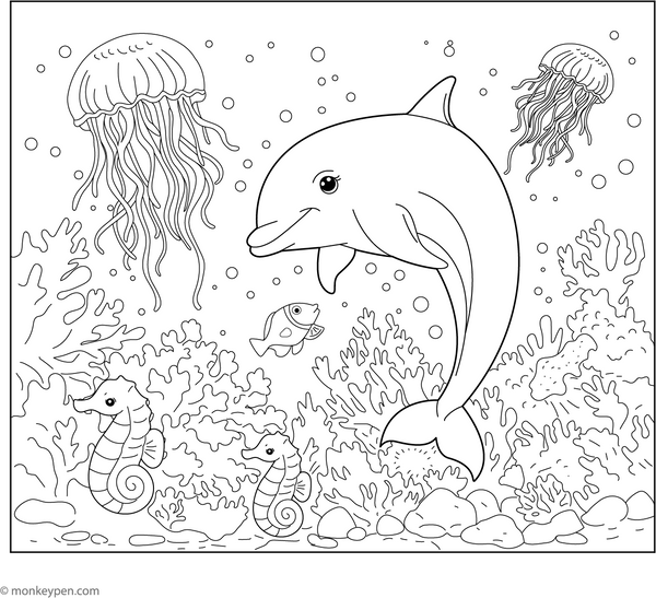 Dolphin and Ocean Friends coloring page – free printable for kids to color and enjoy
