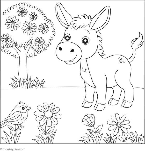 Happy Donkey in a Field coloring page – free printable for kids to color and enjoy