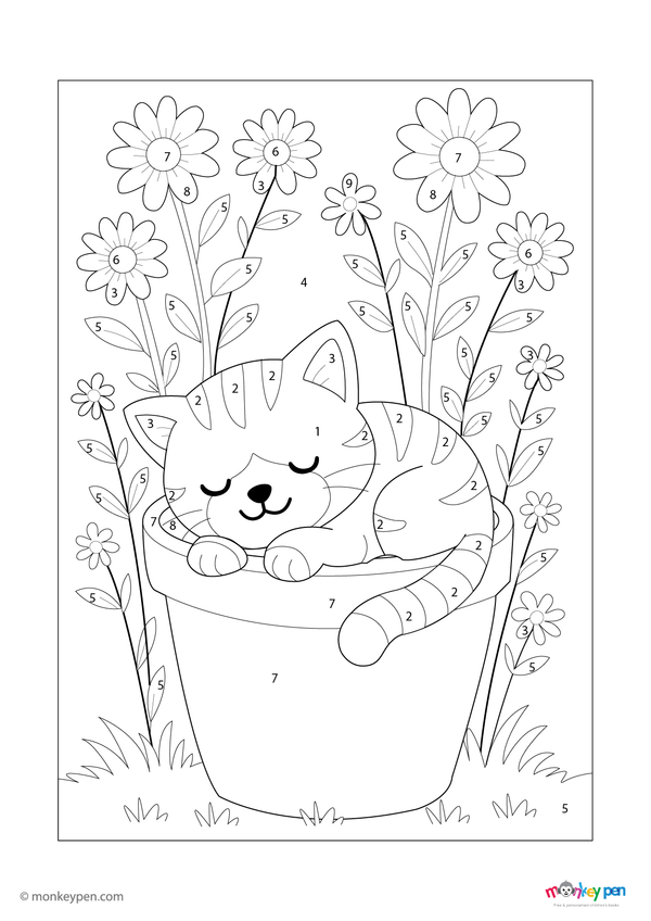 Downloadable color-by-number worksheet of an adorable sleeping kitten curled up, with numbered areas for fur, paws, and cozy background.