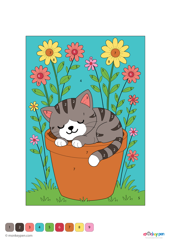 Downloadable color-by-number worksheet of an adorable sleeping kitten curled up, with numbered areas for fur, paws, and cozy background.