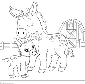 Baby Donkey and Mama Donkey coloring page – free printable for kids to color and enjoy