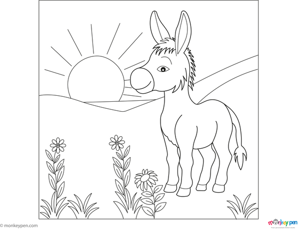 Donkey in a Meadow at Sunset coloring page – free printable for kids to color and enjoy