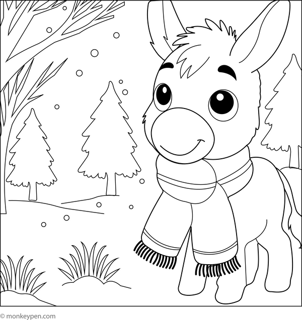Donkey with a Scarf coloring page – free printable for kids to color and enjoy